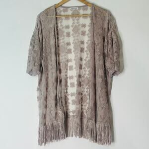 NWOT Maurices Lace Kimono Cardigan Boho Fringe Open Front OS Neutral Embroidered
